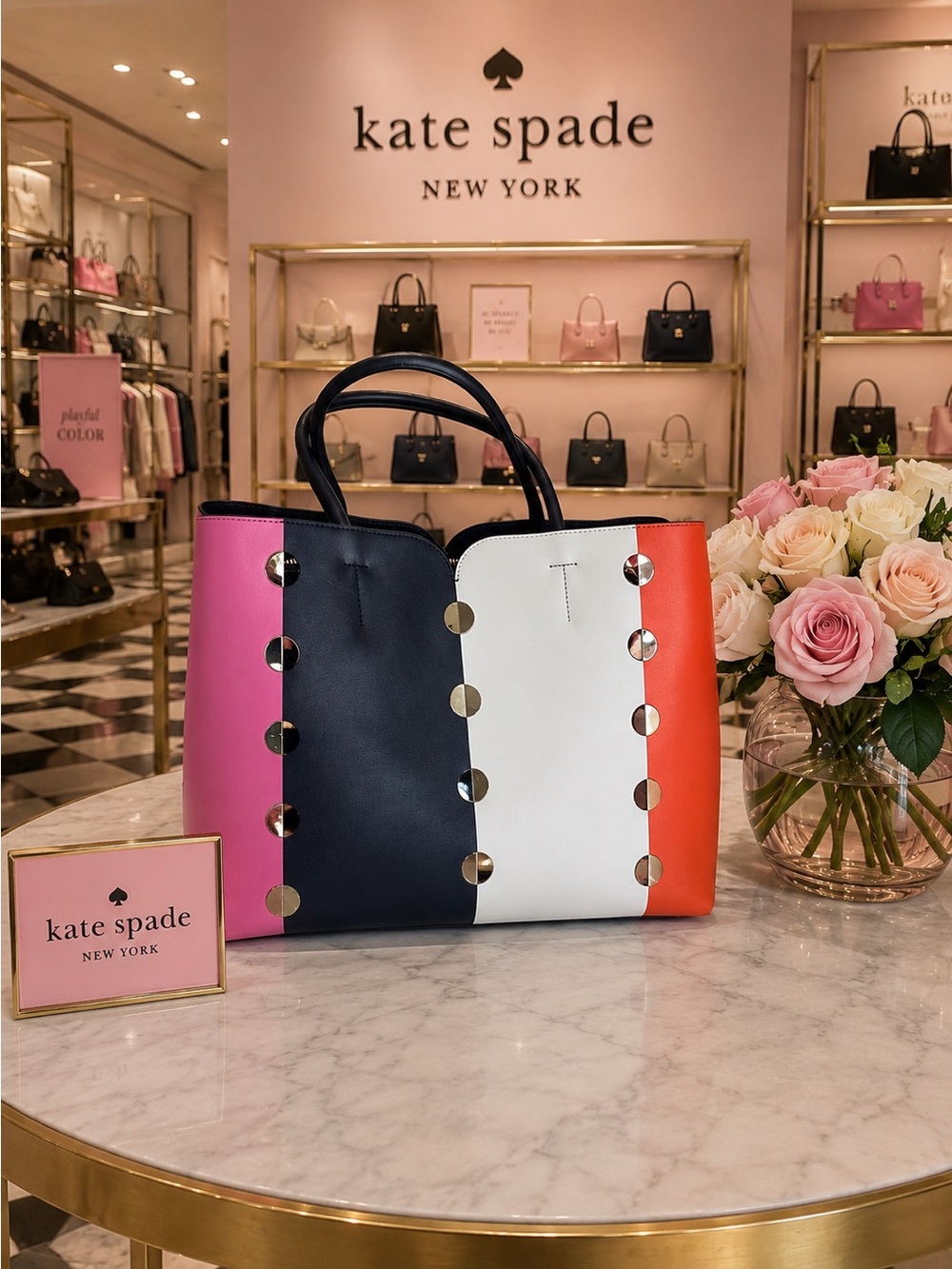 Kate Spade Nicola Mod Dot Large Satchel in Pink, Navy, White & Orange